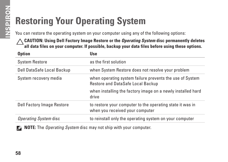 Restoring your operating system, Inspiron | Dell Inspiron 13z (N301z, Mid 2010) User Manual | Page 60 / 90