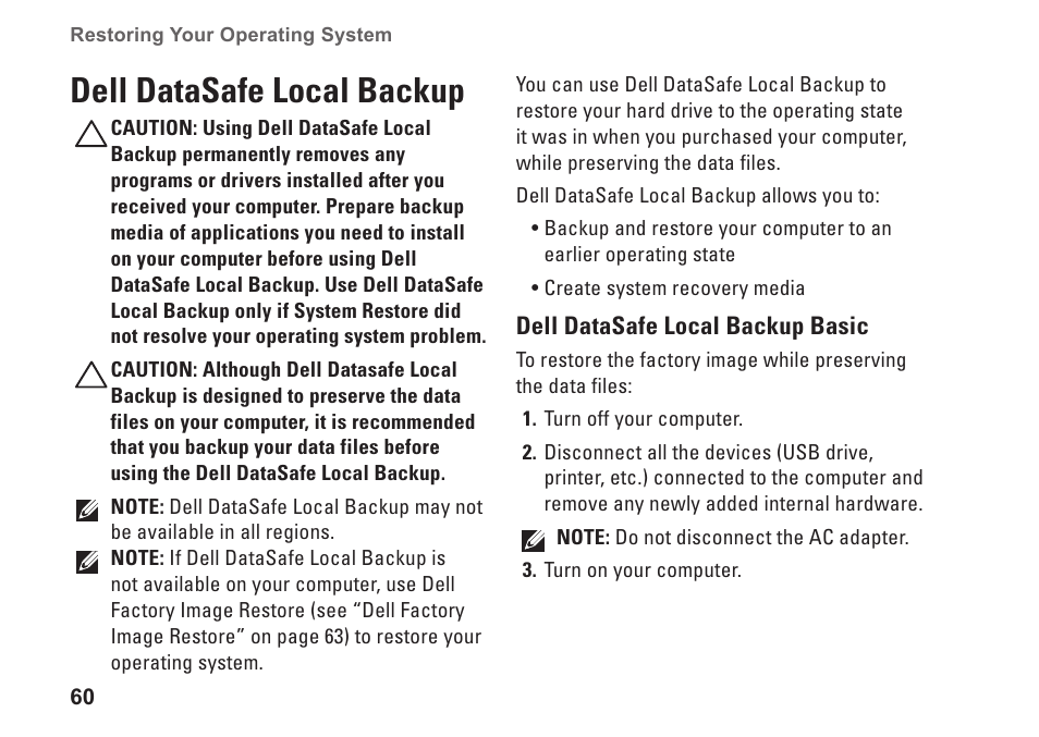 Dell datasafe local backup | Dell Inspiron 13z (N301z, Mid 2010) User Manual | Page 62 / 90