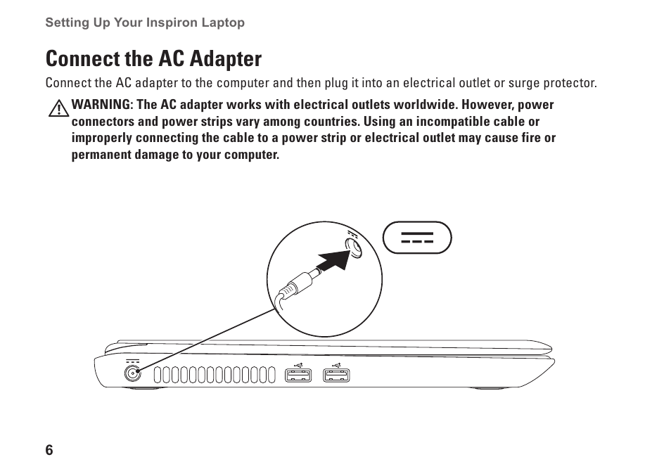 Connect the ac adapter | Dell Inspiron 13z (N301z, Mid 2010) User Manual | Page 8 / 90