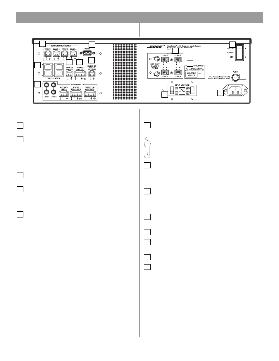 2 rear panel, 1 system controls, 2 audio source inputs | 3 amplifier outputs, 4 ac power, 0 freespace, 4400 hardware description | Bose FREESPACE 4400 User Manual | Page 16 / 70