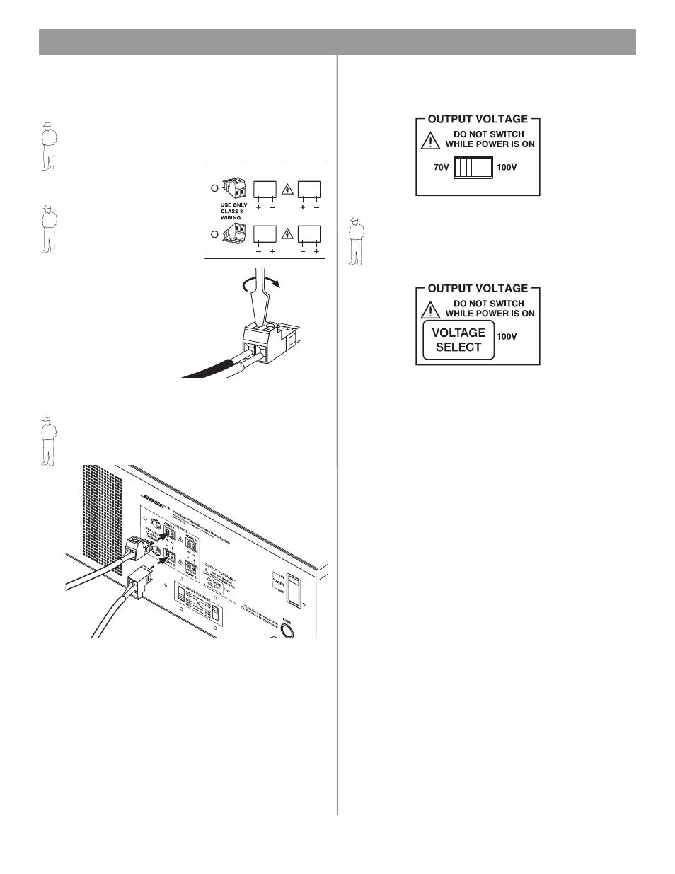 7 amplifier zone output outputs, 8 output voltage setting (70/100v), 0 hardware installation | Bose FREESPACE 4400 User Manual | Page 25 / 70