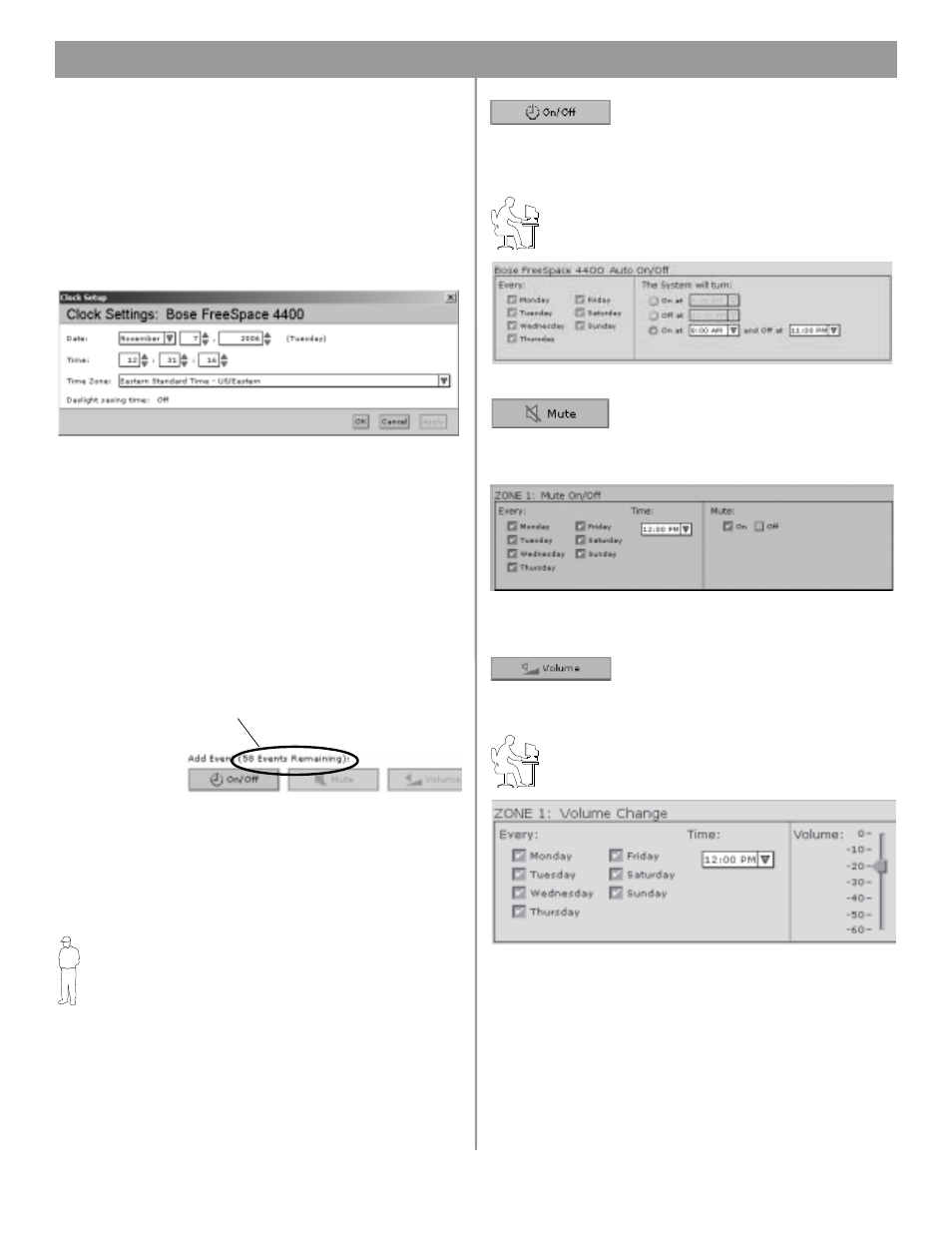 1 setting the clock, 2 adding events, 1 setting the clock 5.5.2 adding events | 0 using freespace, 4400 installer ™ software | Bose FREESPACE 4400 User Manual | Page 34 / 70