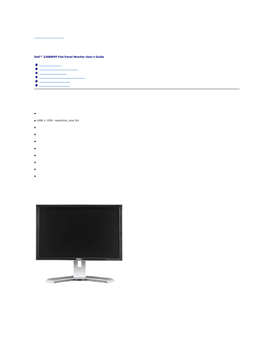About your monitor, Product features, Identifying parts and features front view | Dell 2208WFP Monitor User Manual | Page 2 / 30