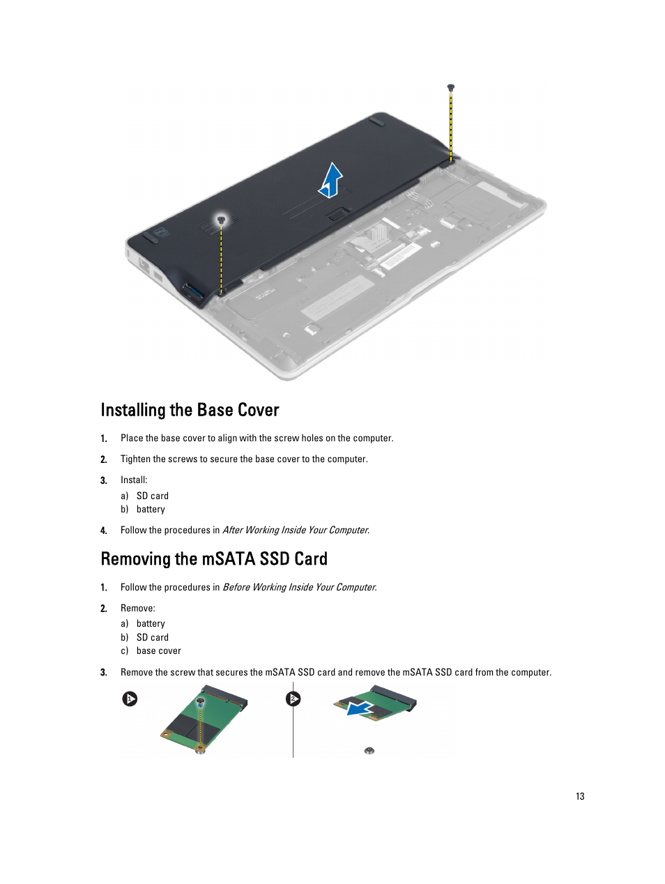 Installing the base cover, Removing the msata ssd card | Dell Latitude 6430u (Late 2012) User Manual | Page 13 / 61