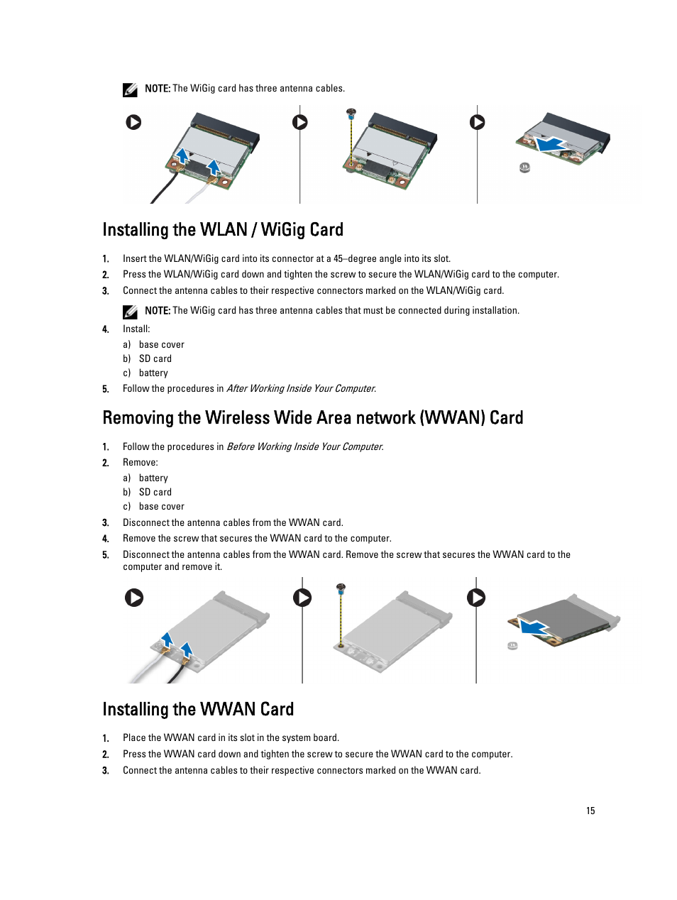 Installing the wlan / wigig card, Installing the wwan card | Dell Latitude 6430u (Late 2012) User Manual | Page 15 / 61