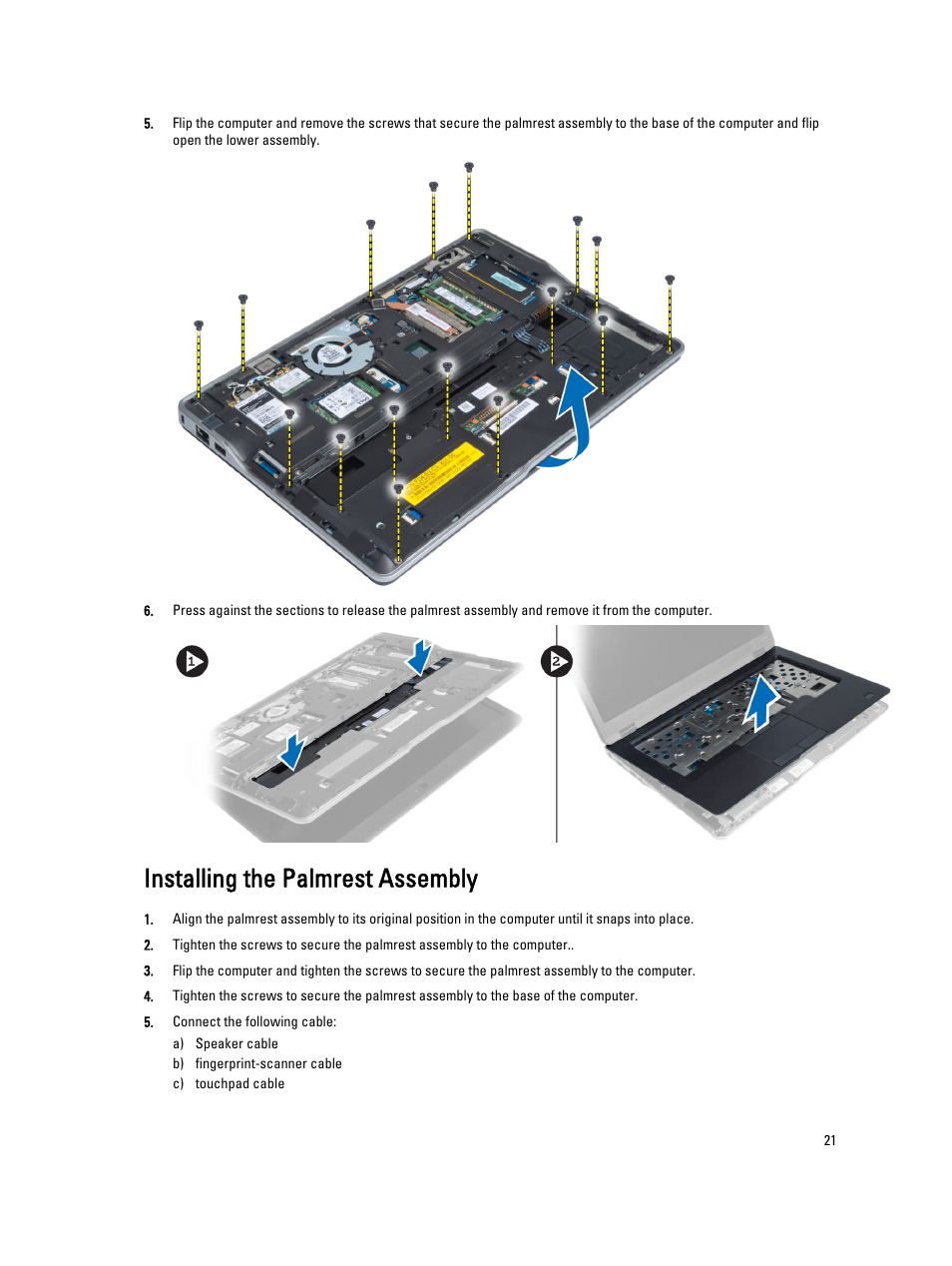 Installing the palmrest assembly | Dell Latitude 6430u (Late 2012) User Manual | Page 21 / 61