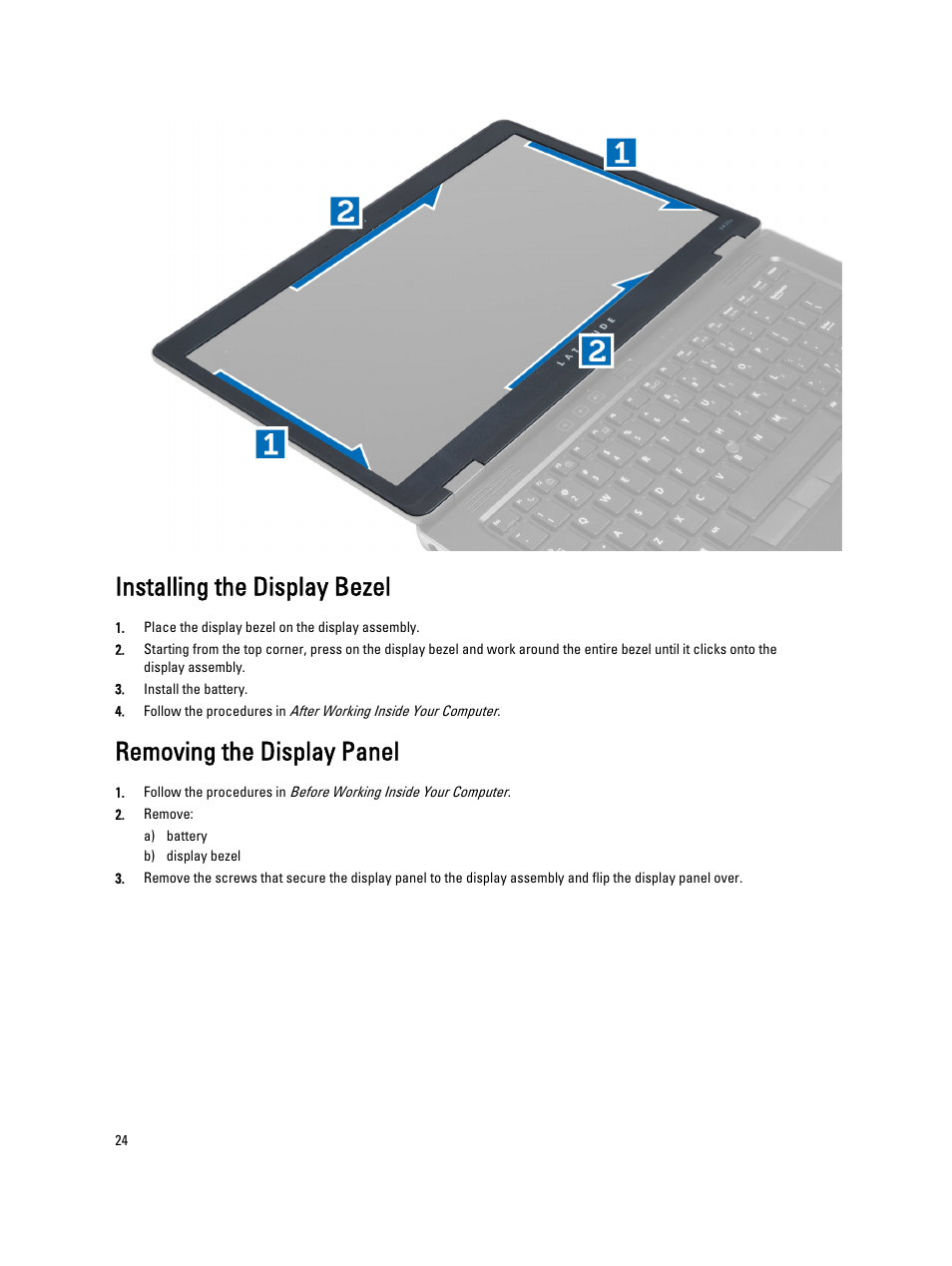 Installing the display bezel, Removing the display panel | Dell Latitude 6430u (Late 2012) User Manual | Page 24 / 61