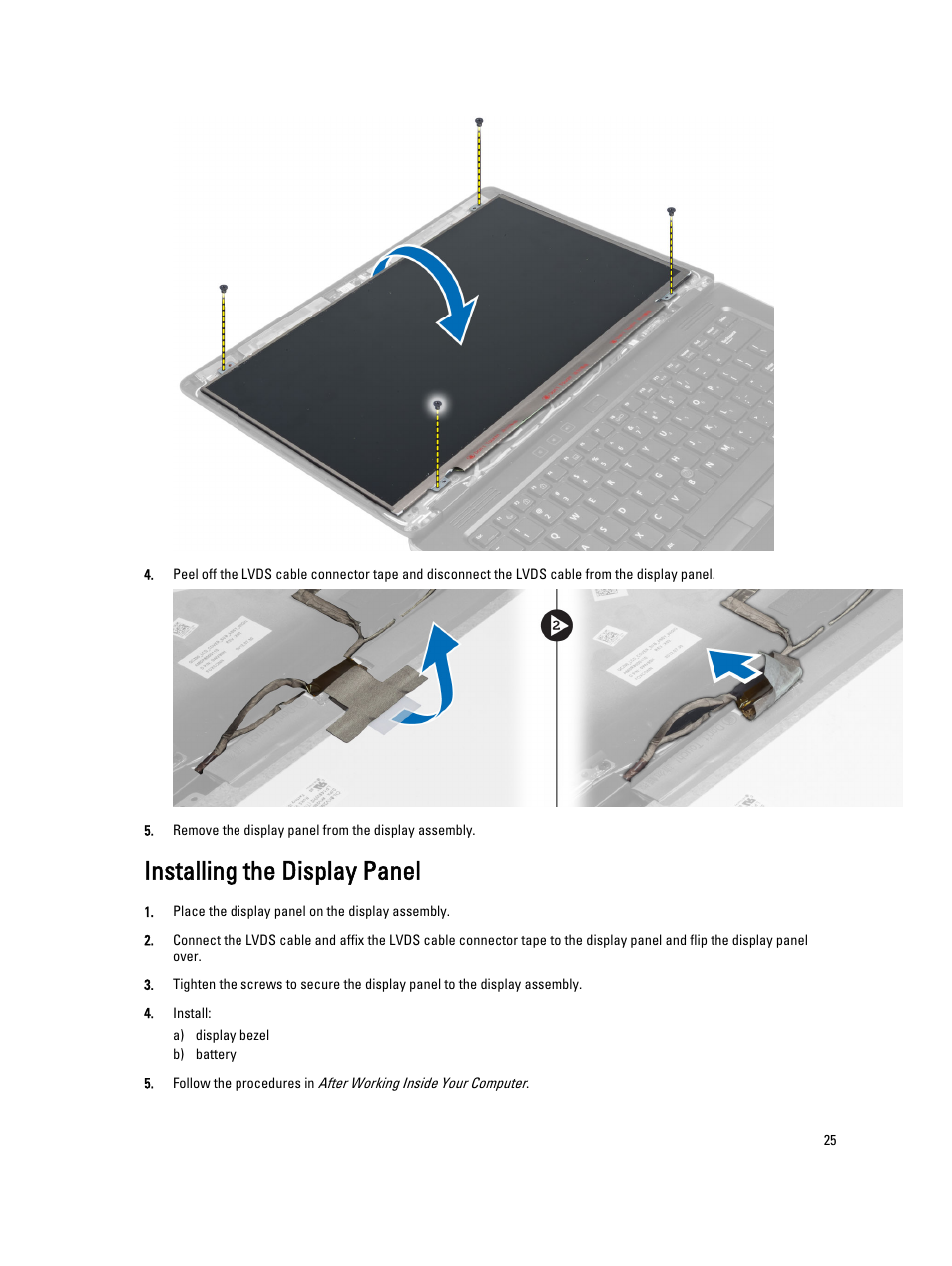 Installing the display panel | Dell Latitude 6430u (Late 2012) User Manual | Page 25 / 61