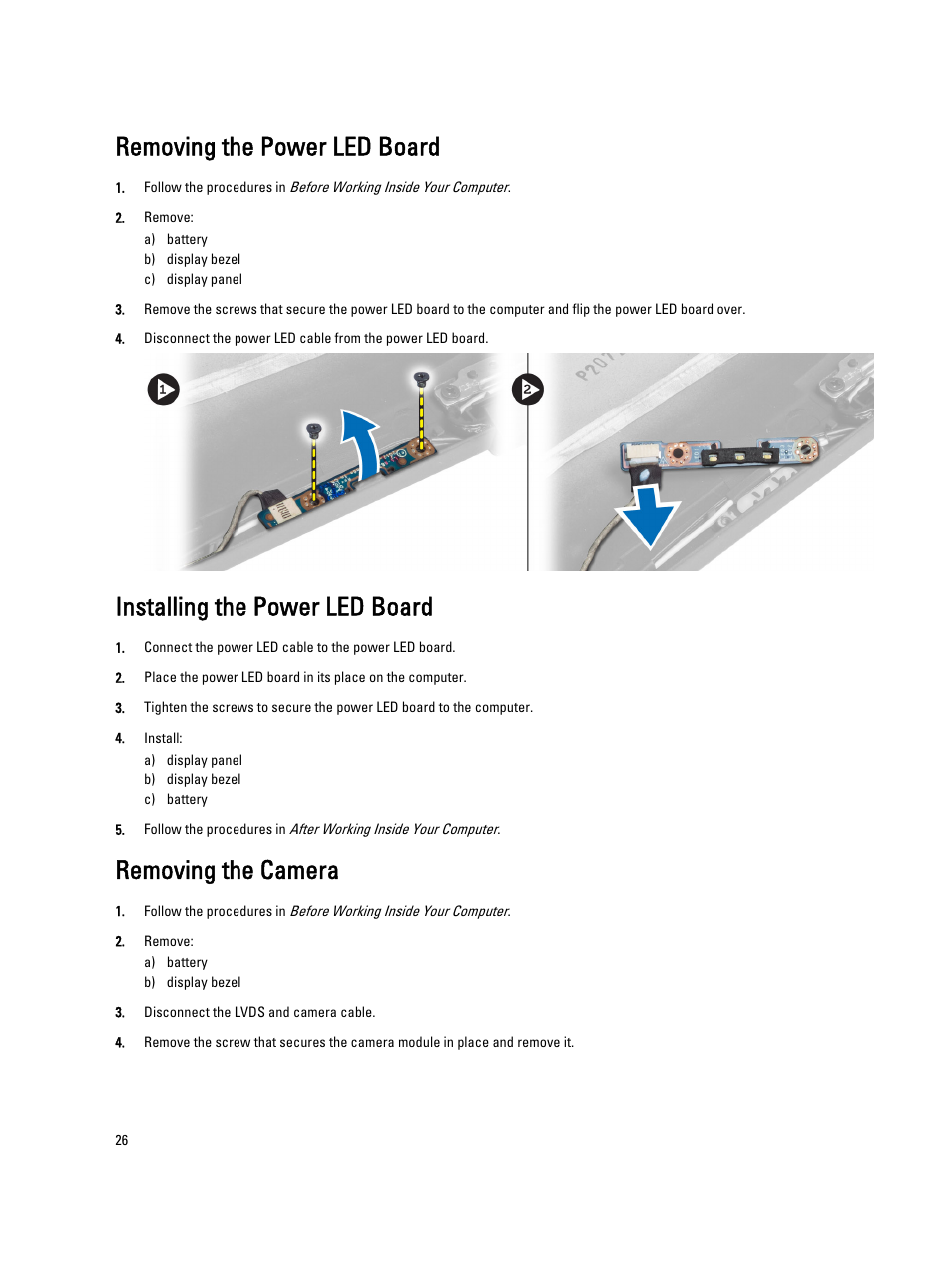 Removing the power led board, Installing the power led board, Removing the camera | Dell Latitude 6430u (Late 2012) User Manual | Page 26 / 61