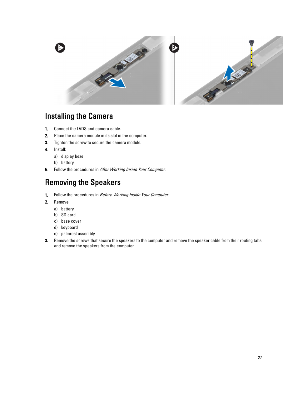 Installing the camera, Removing the speakers | Dell Latitude 6430u (Late 2012) User Manual | Page 27 / 61