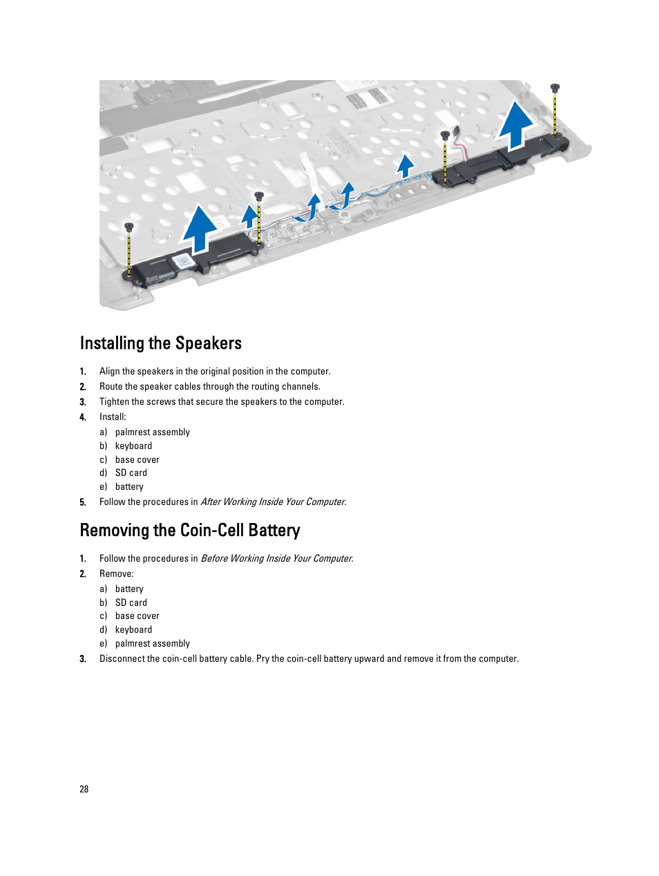 Installing the speakers, Removing the coin-cell battery | Dell Latitude 6430u (Late 2012) User Manual | Page 28 / 61