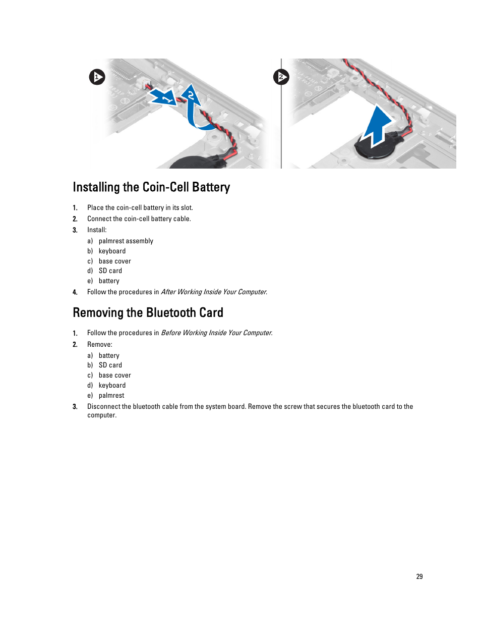 Installing the coin-cell battery, Removing the bluetooth card | Dell Latitude 6430u (Late 2012) User Manual | Page 29 / 61