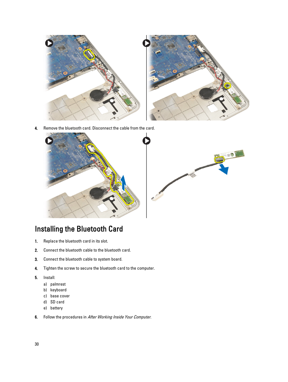 Installing the bluetooth card | Dell Latitude 6430u (Late 2012) User Manual | Page 30 / 61