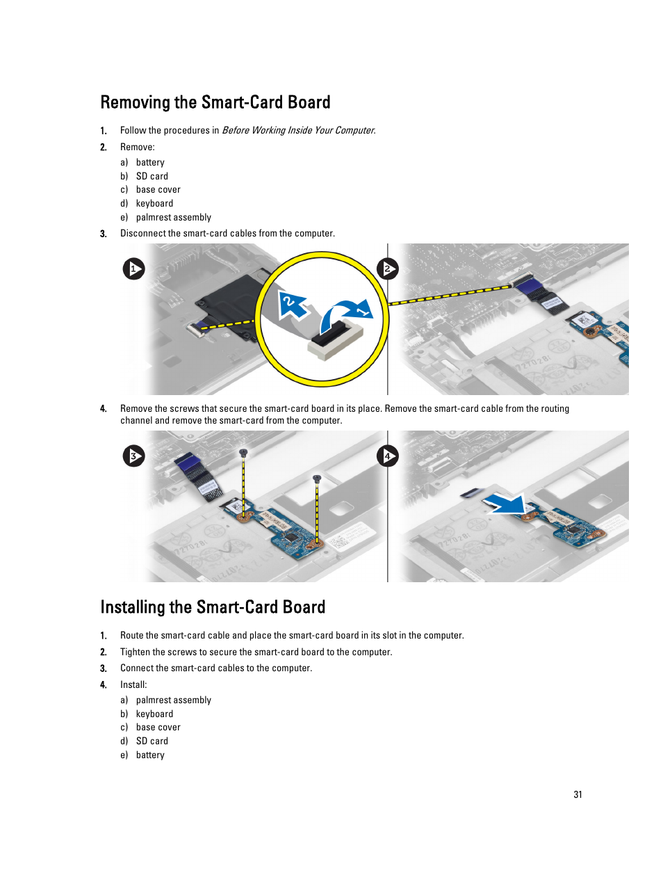 Removing the smart-card board, Installing the smart-card board | Dell Latitude 6430u (Late 2012) User Manual | Page 31 / 61