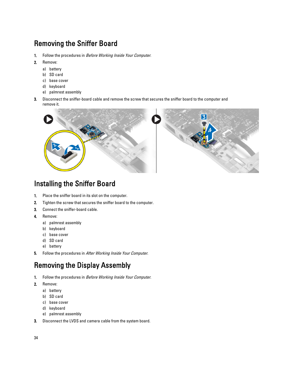 Removing the sniffer board, Installing the sniffer board, Removing the display assembly | Dell Latitude 6430u (Late 2012) User Manual | Page 34 / 61