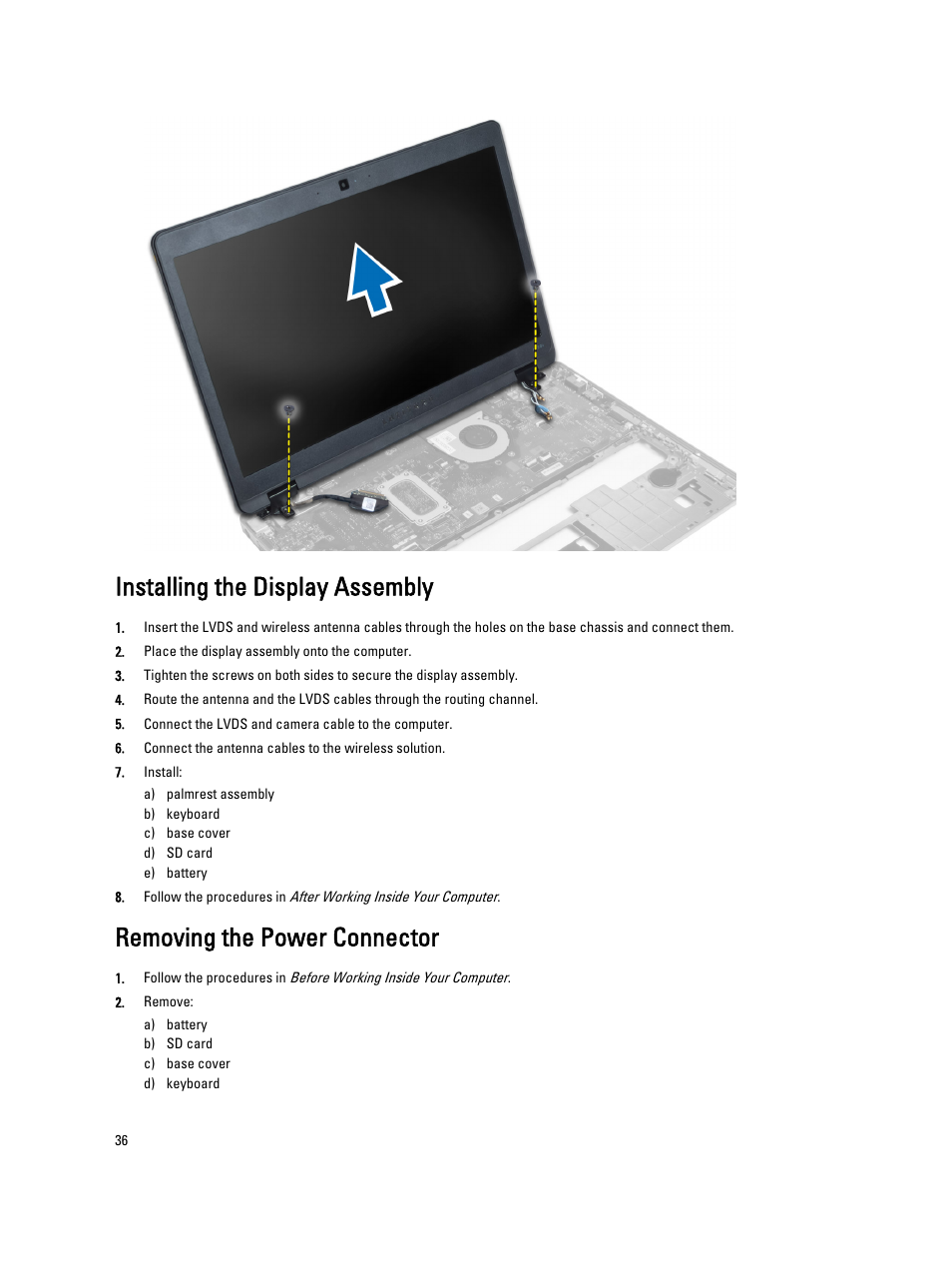 Installing the display assembly, Removing the power connector | Dell Latitude 6430u (Late 2012) User Manual | Page 36 / 61