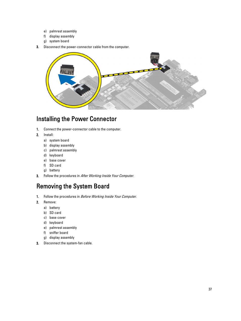 Installing the power connector, Removing the system board | Dell Latitude 6430u (Late 2012) User Manual | Page 37 / 61