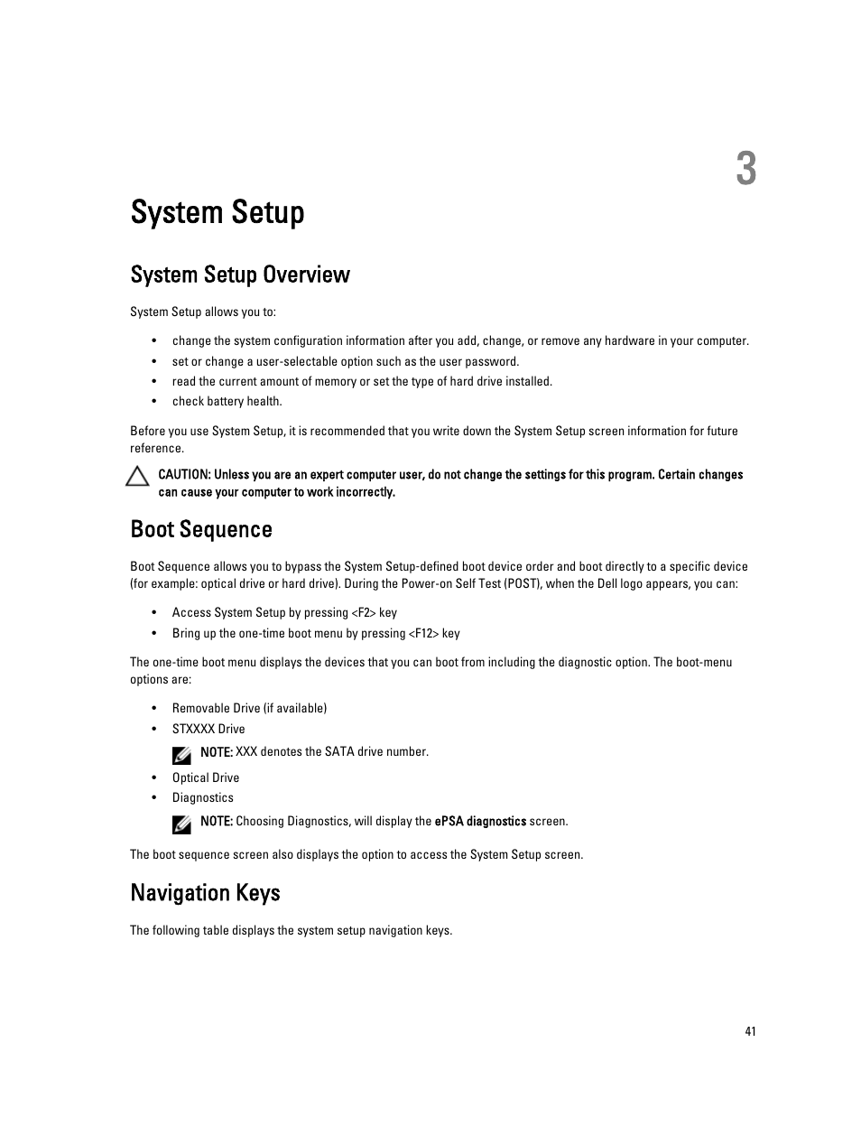 System setup, System setup overview, Boot sequence | Navigation keys, 3 system setup | Dell Latitude 6430u (Late 2012) User Manual | Page 41 / 61