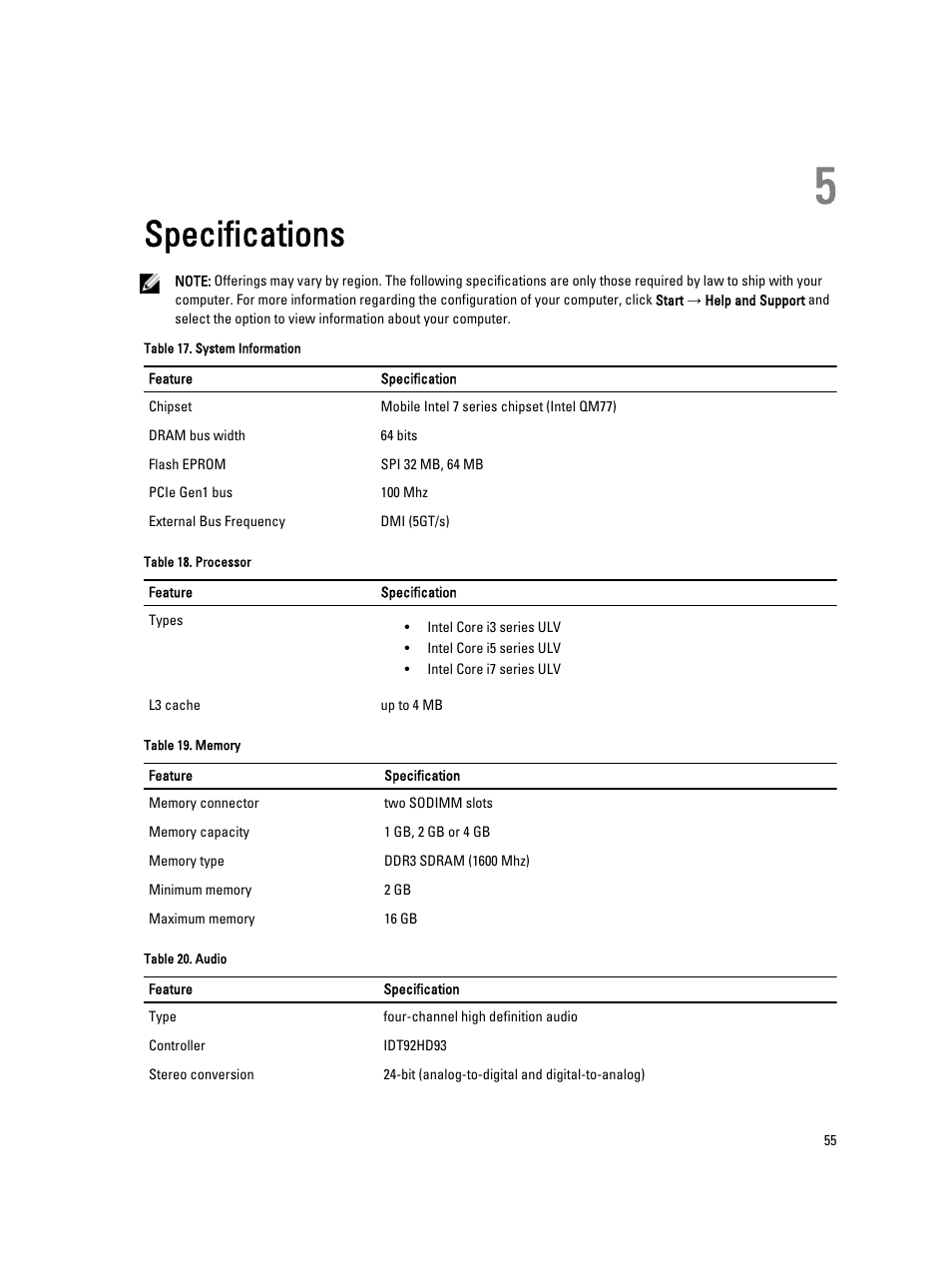 Specifications, 5 specifications | Dell Latitude 6430u (Late 2012) User Manual | Page 55 / 61