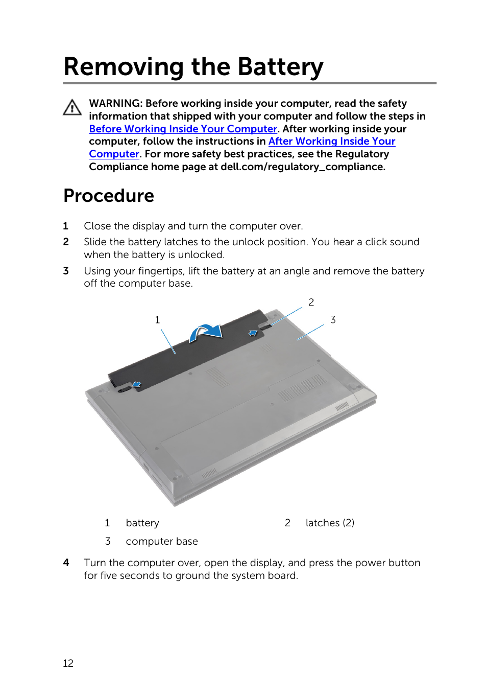 Removing the battery, Procedure | Dell Inspiron 14 (3442, Early 2014) User Manual | Page 12 / 84