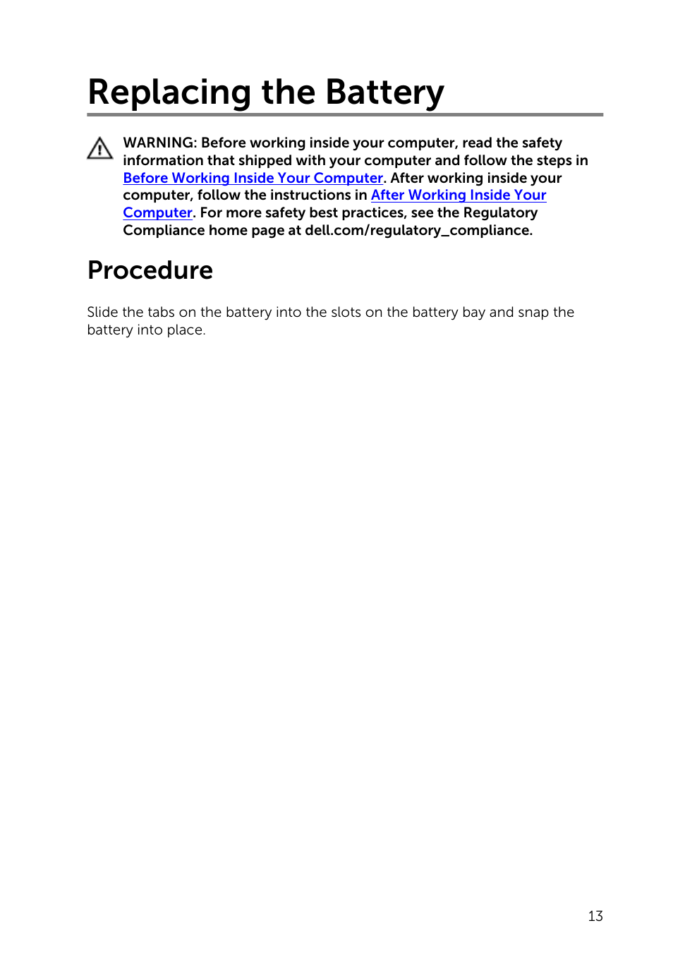 Replacing the battery, Procedure | Dell Inspiron 14 (3442, Early 2014) User Manual | Page 13 / 84