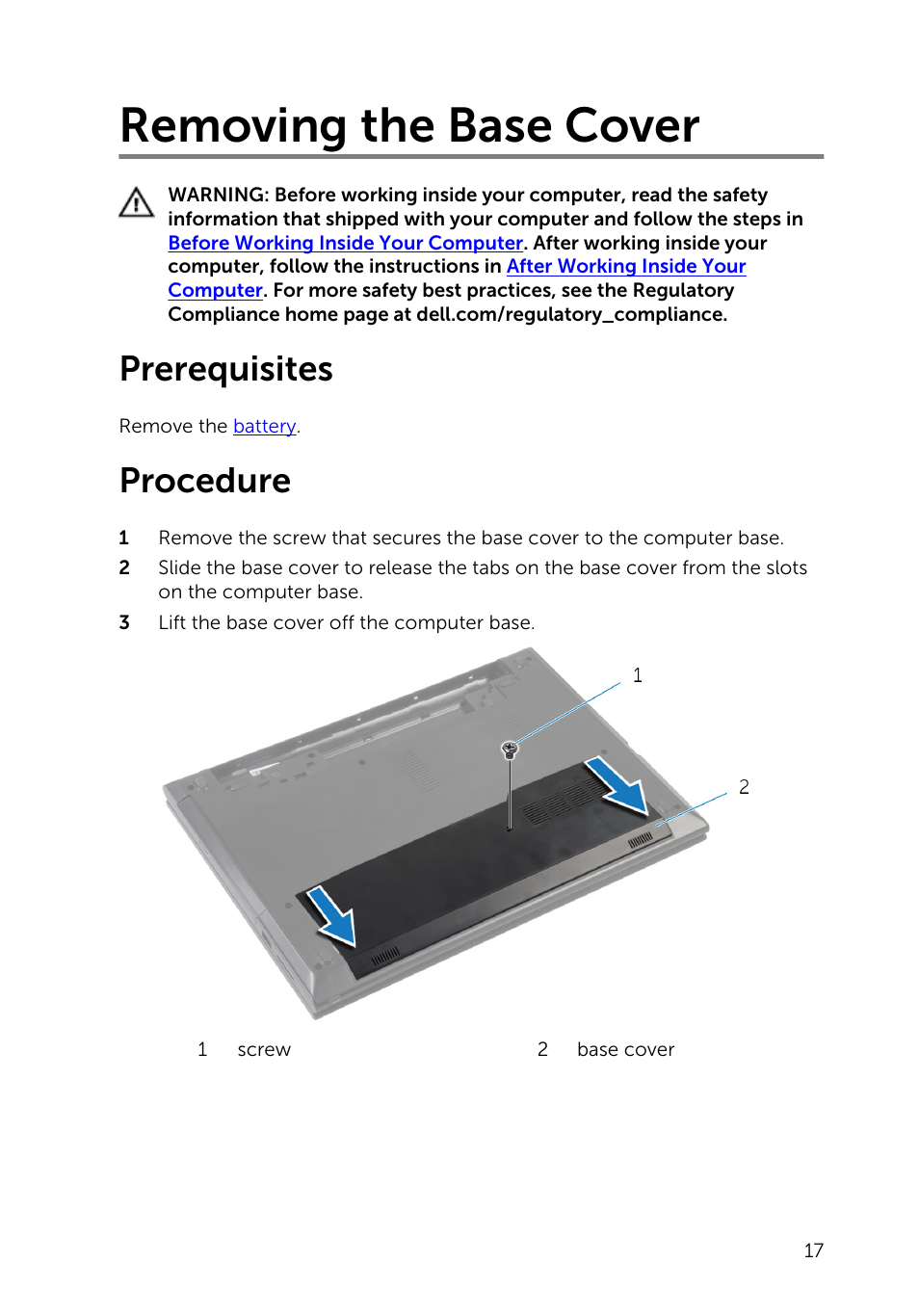 Removing the base cover, Prerequisites, Procedure | Dell Inspiron 14 (3442, Early 2014) User Manual | Page 17 / 84