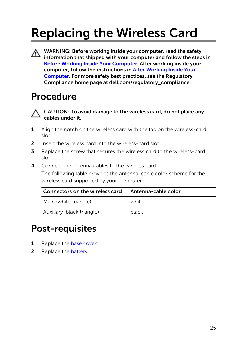 Replacing the wireless card, Procedure, Post-requisites | Dell Inspiron 14 (3442, Early 2014) User Manual | Page 25 / 84