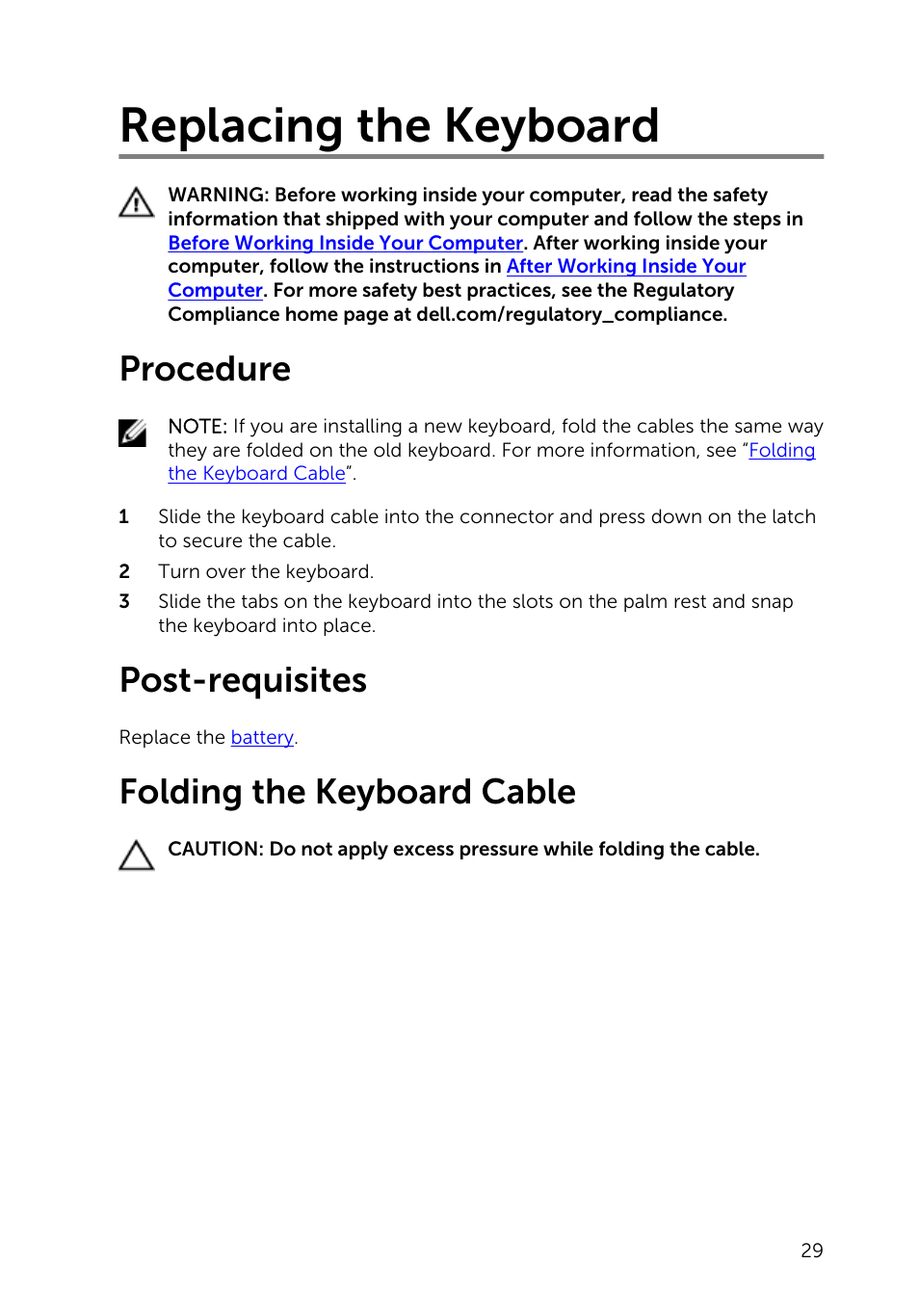 Replacing the keyboard, Procedure, Post-requisites | Folding the keyboard cable | Dell Inspiron 14 (3442, Early 2014) User Manual | Page 29 / 84