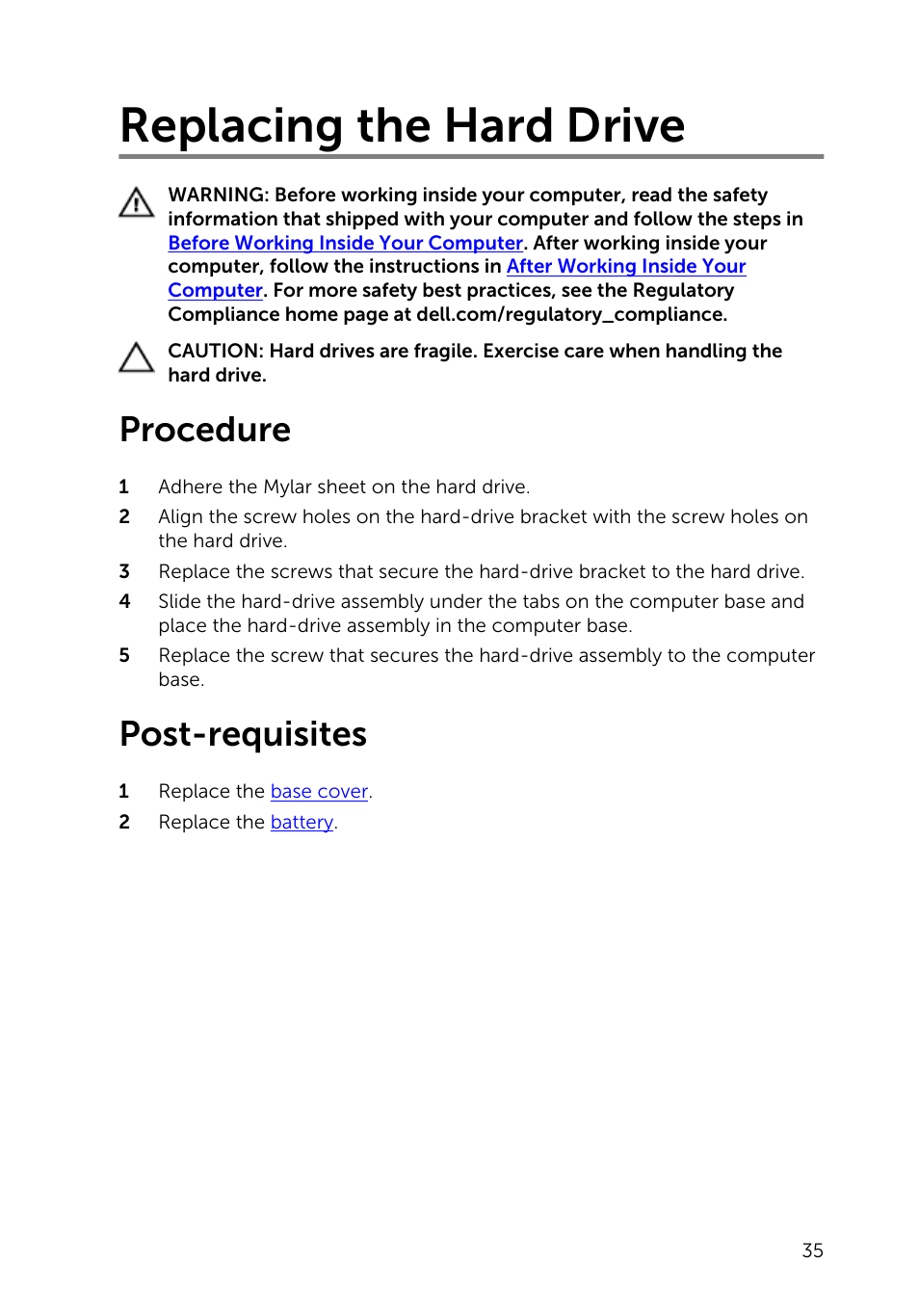 Replacing the hard drive, Procedure, Post-requisites | Dell Inspiron 14 (3442, Early 2014) User Manual | Page 35 / 84