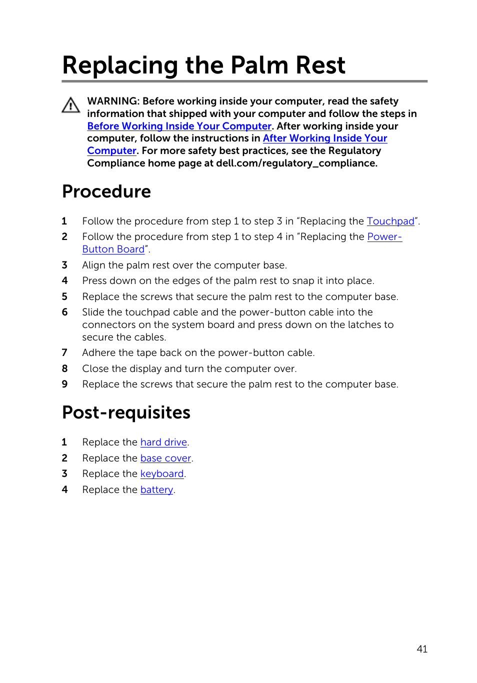 Replacing the palm rest, Procedure, Post-requisites | Dell Inspiron 14 (3442, Early 2014) User Manual | Page 41 / 84