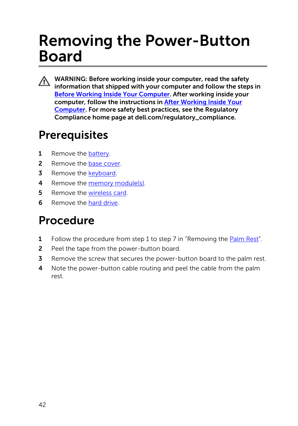 Removing the power-button board, Prerequisites, Procedure | Power, Button board | Dell Inspiron 14 (3442, Early 2014) User Manual | Page 42 / 84