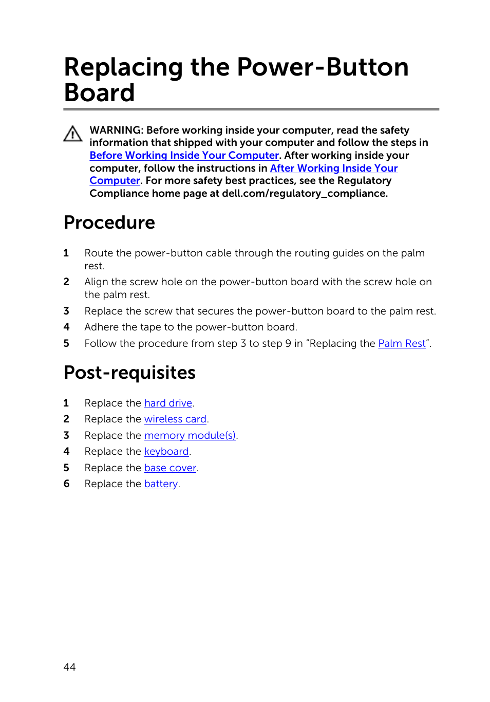 Replacing the power-button board, Procedure, Post-requisites | Power, Button board | Dell Inspiron 14 (3442, Early 2014) User Manual | Page 44 / 84