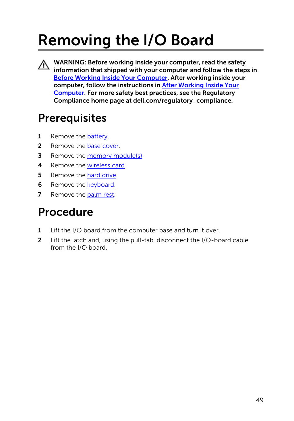 Removing the i/o board, Prerequisites, Procedure | Dell Inspiron 14 (3442, Early 2014) User Manual | Page 49 / 84