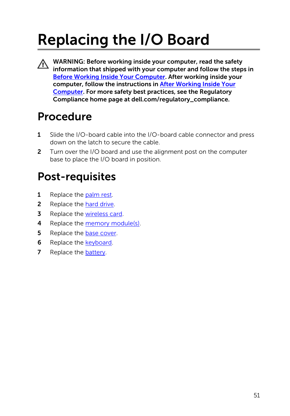 Replacing the i/o board, Procedure, Post-requisites | Dell Inspiron 14 (3442, Early 2014) User Manual | Page 51 / 84