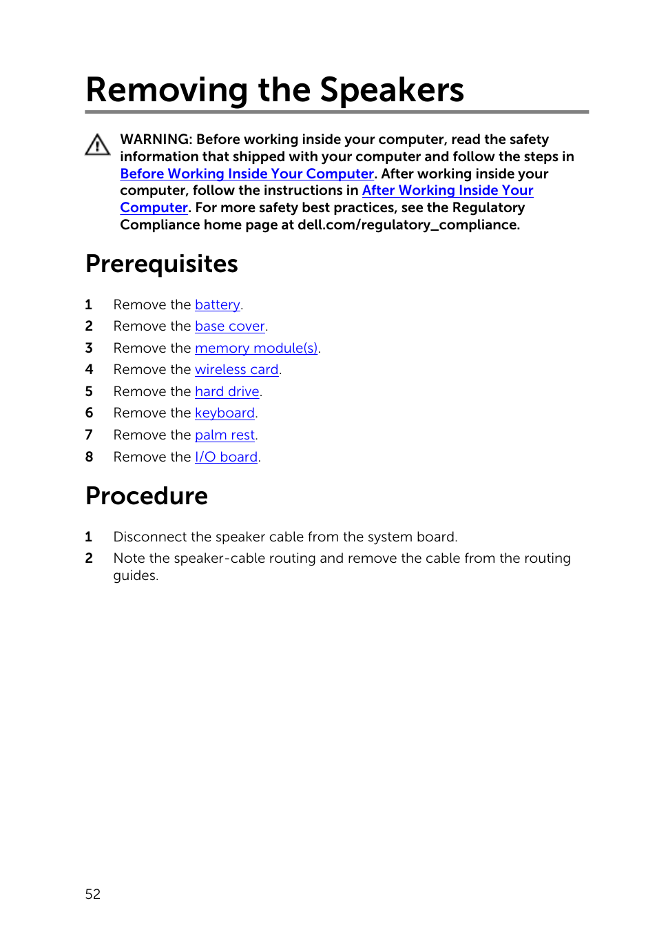 Removing the speakers, Prerequisites, Procedure | Dell Inspiron 14 (3442, Early 2014) User Manual | Page 52 / 84
