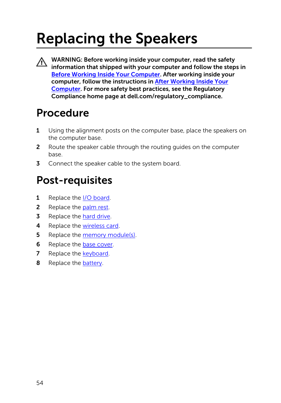 Replacing the speakers, Procedure, Post-requisites | Dell Inspiron 14 (3442, Early 2014) User Manual | Page 54 / 84
