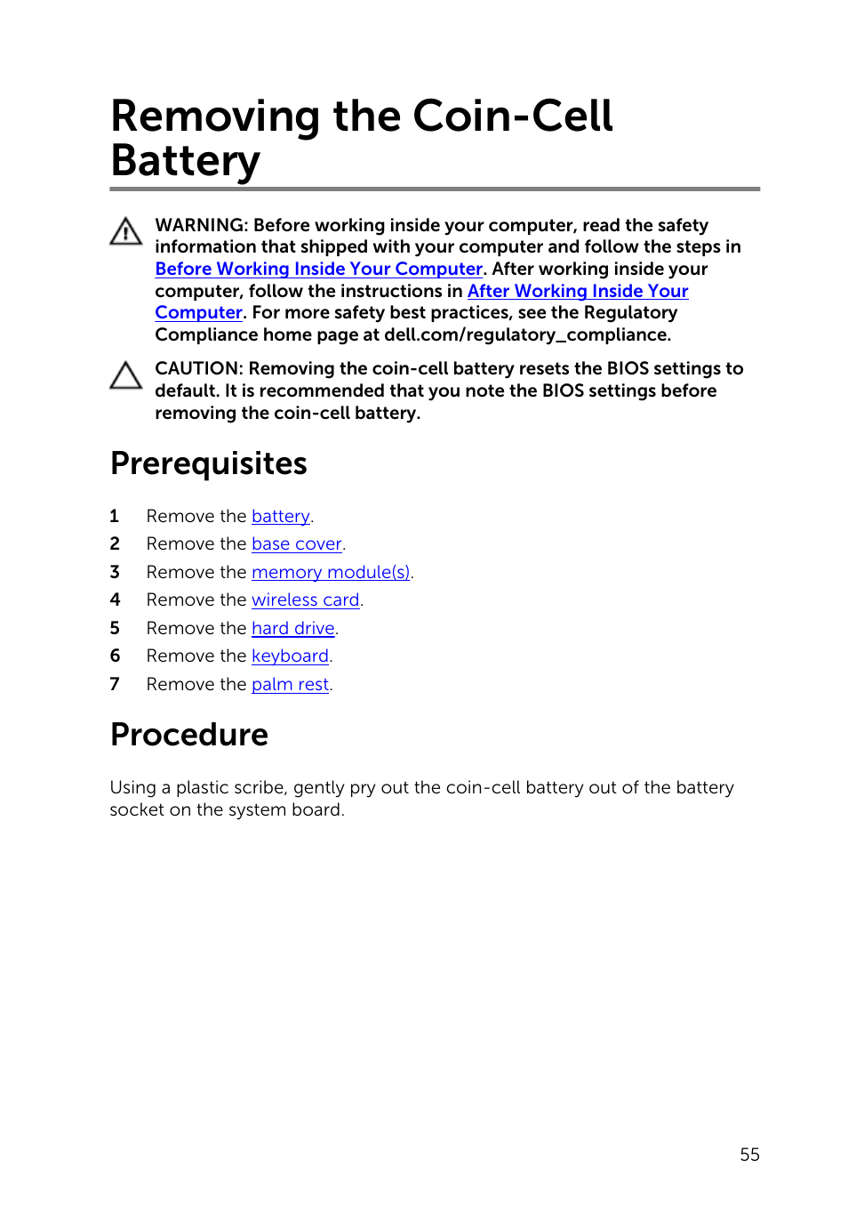 Removing the coin-cell battery, Prerequisites, Procedure | Dell Inspiron 14 (3442, Early 2014) User Manual | Page 55 / 84