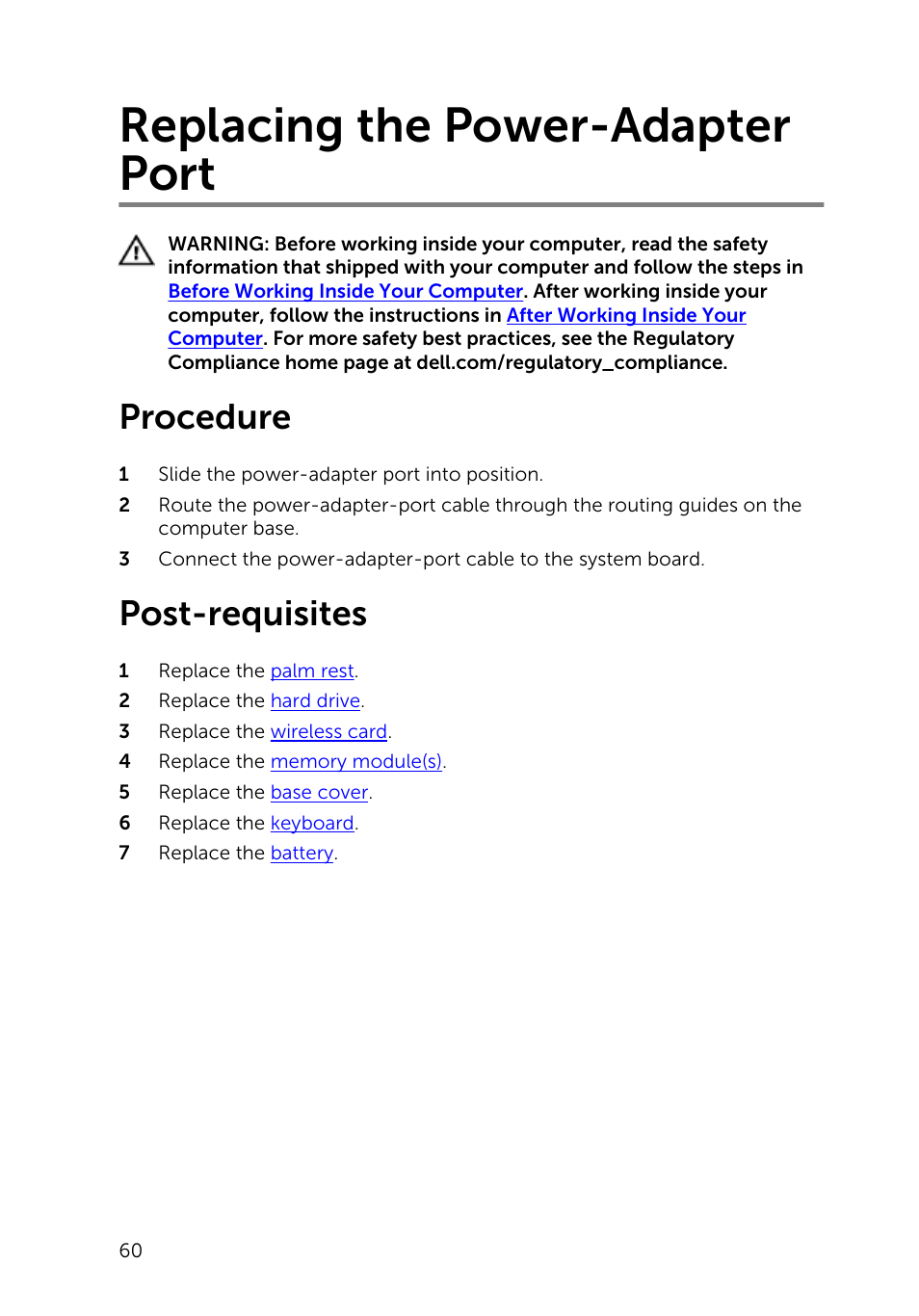 Replacing the power-adapter port, Procedure, Post-requisites | Dell Inspiron 14 (3442, Early 2014) User Manual | Page 60 / 84