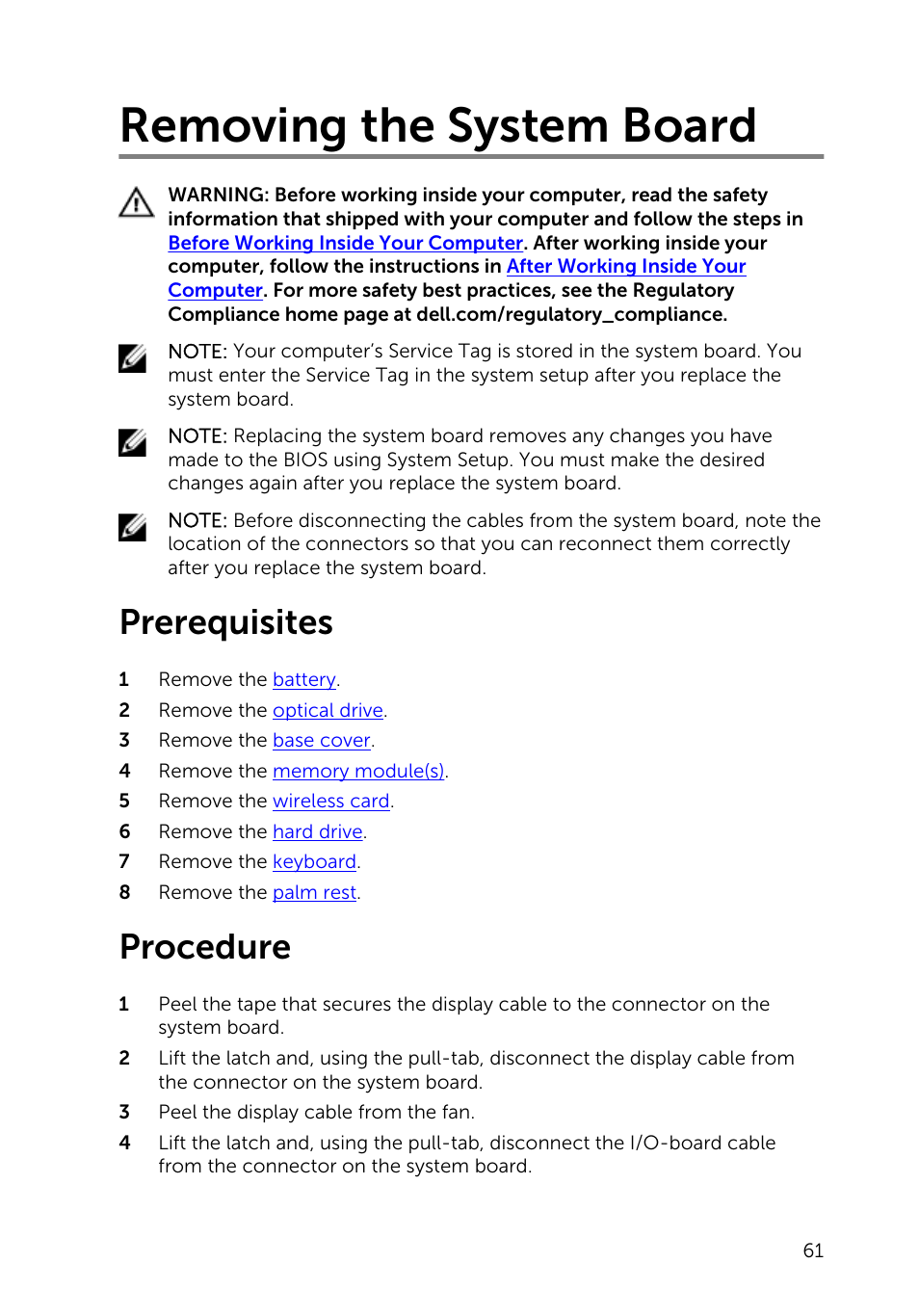 Removing the system board, Prerequisites, Procedure | Dell Inspiron 14 (3442, Early 2014) User Manual | Page 61 / 84