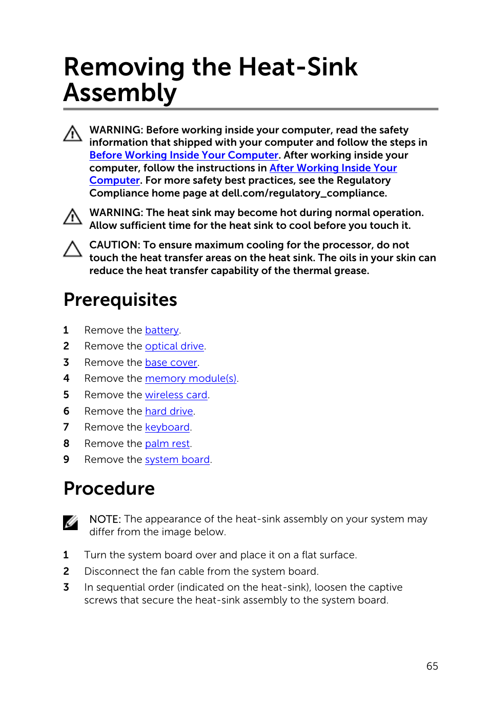 Removing the heat-sink assembly, Prerequisites, Procedure | Dell Inspiron 14 (3442, Early 2014) User Manual | Page 65 / 84