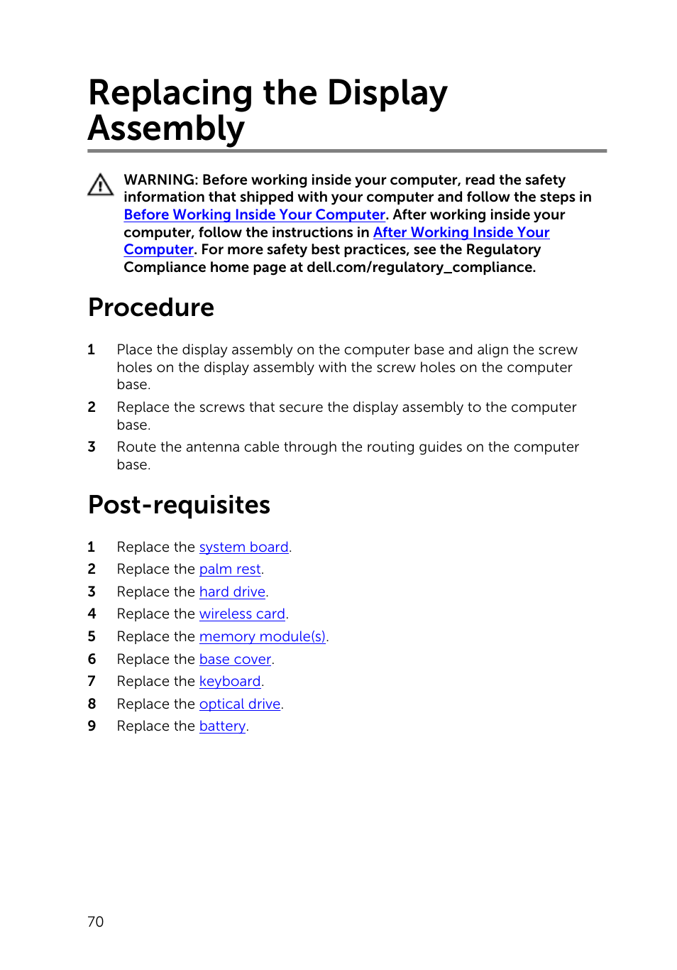 Replacing the display assembly, Procedure, Post-requisites | Dell Inspiron 14 (3442, Early 2014) User Manual | Page 70 / 84