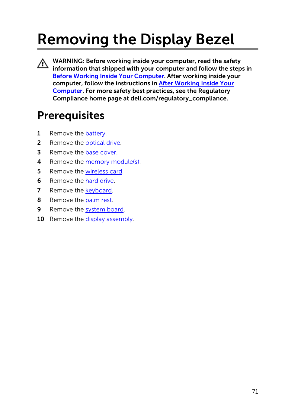 Removing the display bezel, Prerequisites | Dell Inspiron 14 (3442, Early 2014) User Manual | Page 71 / 84