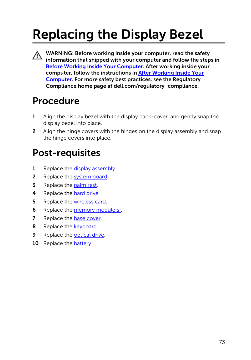 Replacing the display bezel, Procedure, Post-requisites | Dell Inspiron 14 (3442, Early 2014) User Manual | Page 73 / 84