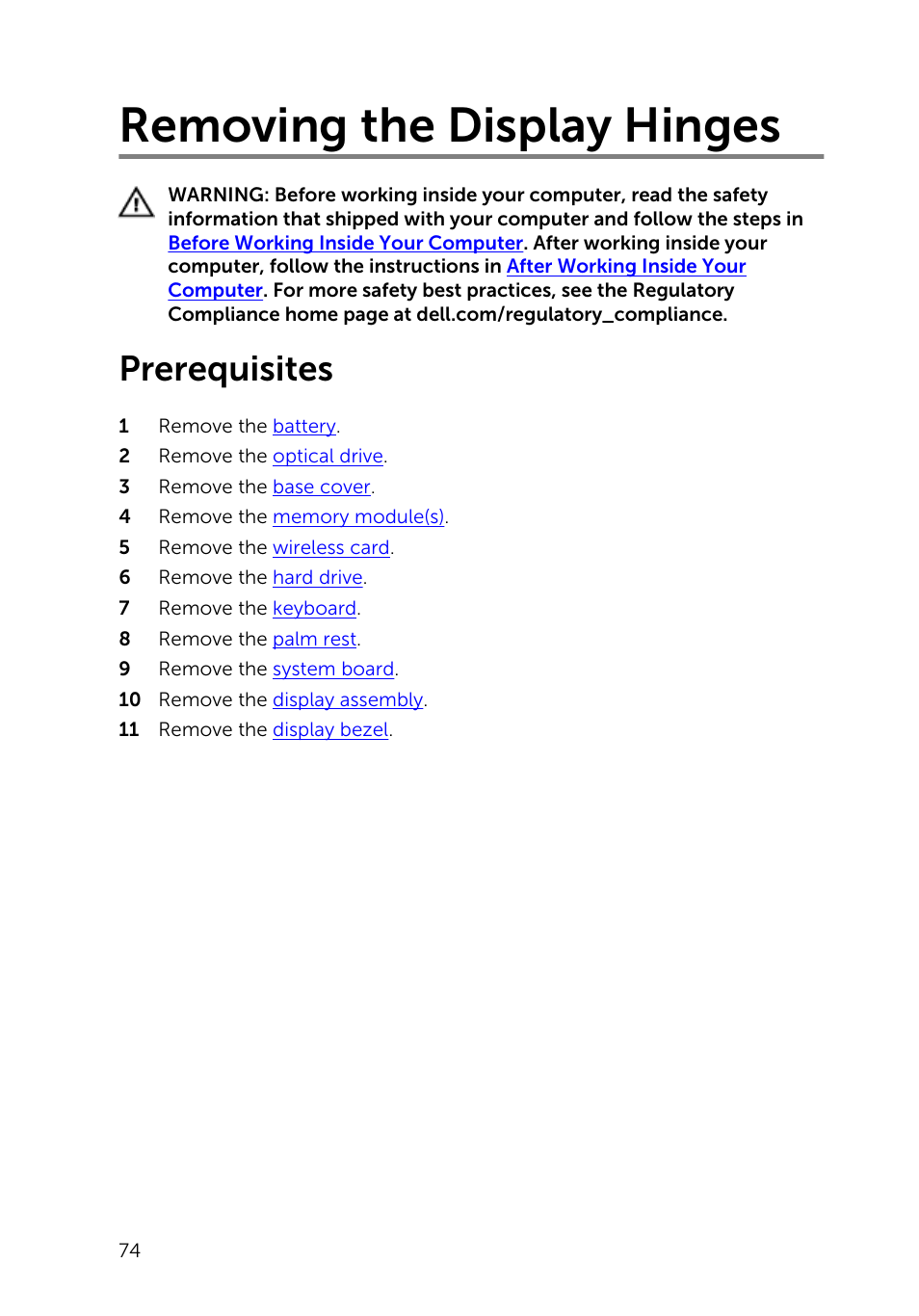 Removing the display hinges, Prerequisites | Dell Inspiron 14 (3442, Early 2014) User Manual | Page 74 / 84