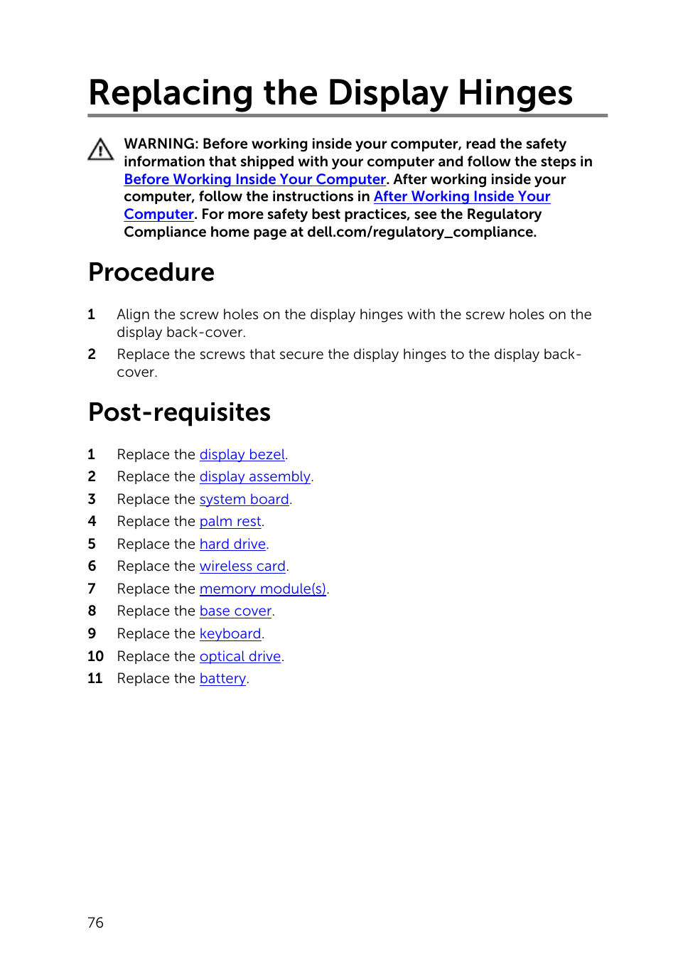 Replacing the display hinges, Procedure, Post-requisites | Dell Inspiron 14 (3442, Early 2014) User Manual | Page 76 / 84