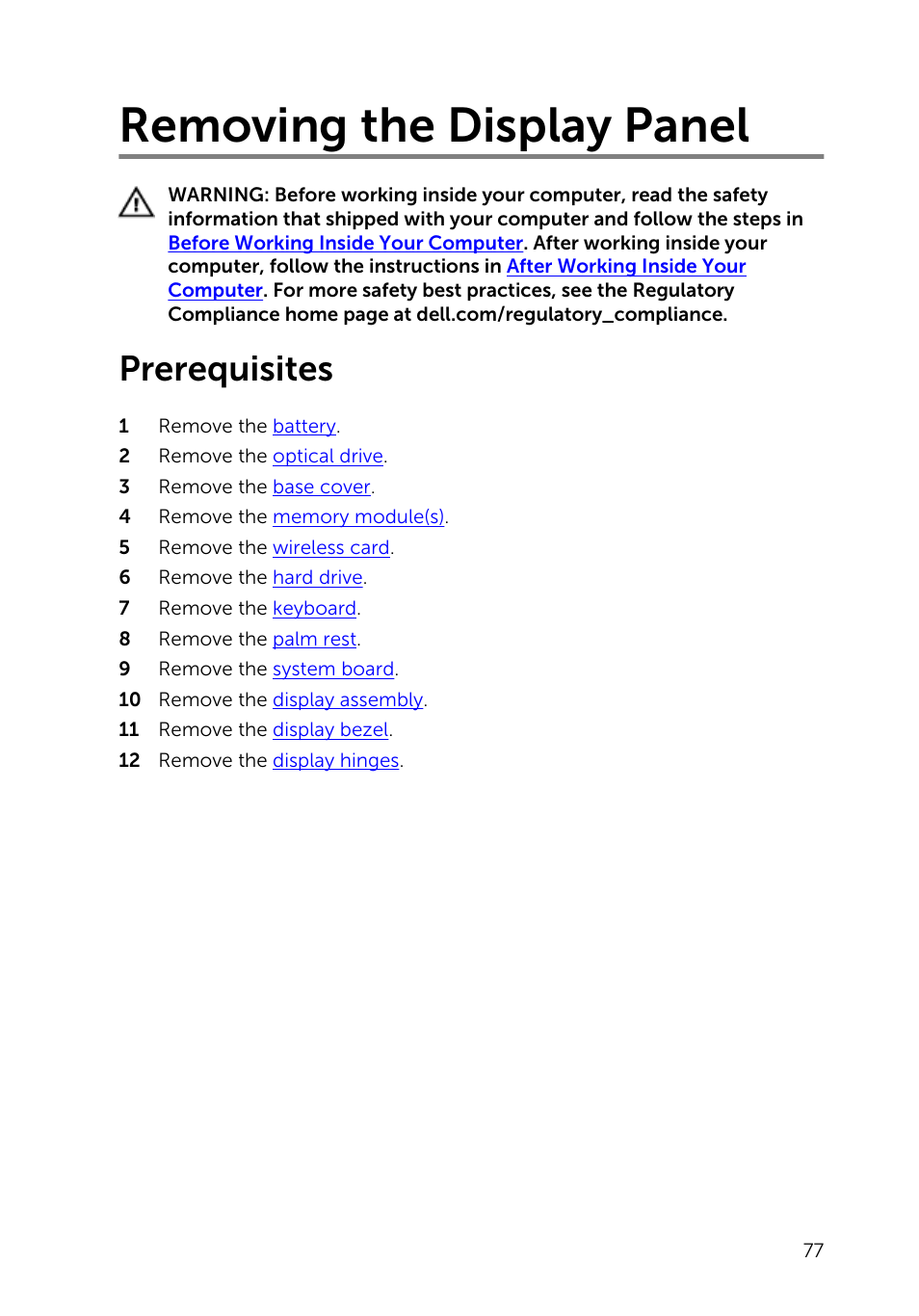 Removing the display panel, Prerequisites | Dell Inspiron 14 (3442, Early 2014) User Manual | Page 77 / 84