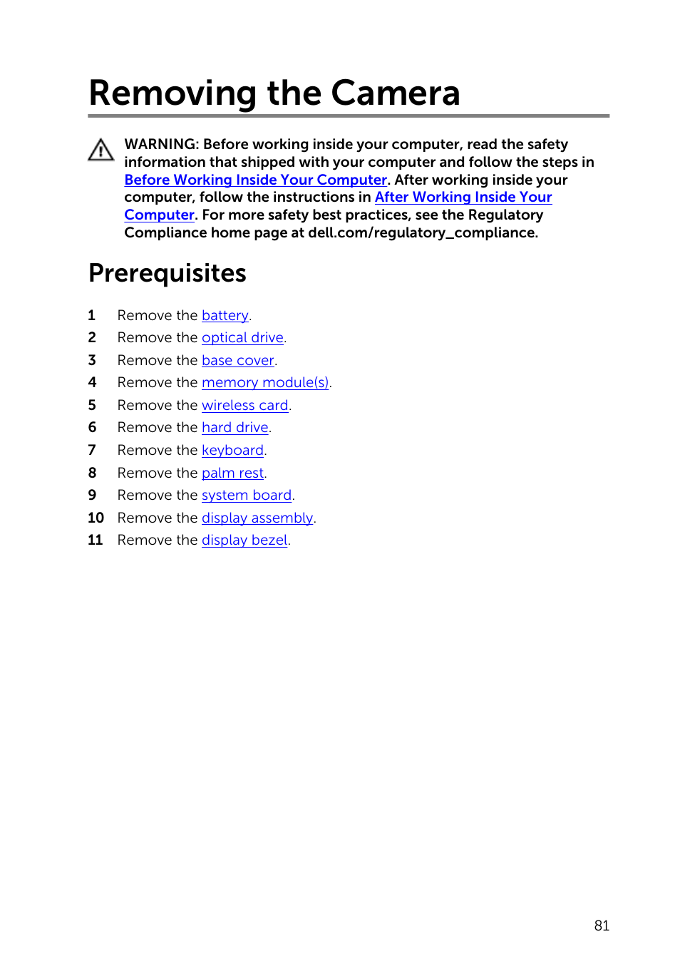 Removing the camera, Prerequisites | Dell Inspiron 14 (3442, Early 2014) User Manual | Page 81 / 84