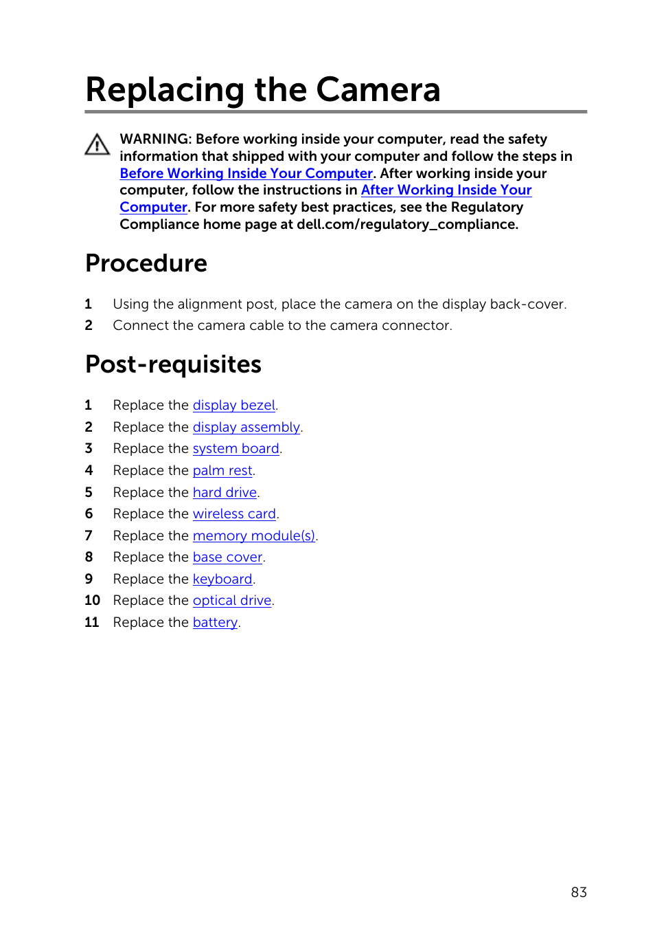 Replacing the camera, Procedure, Post-requisites | Dell Inspiron 14 (3442, Early 2014) User Manual | Page 83 / 84