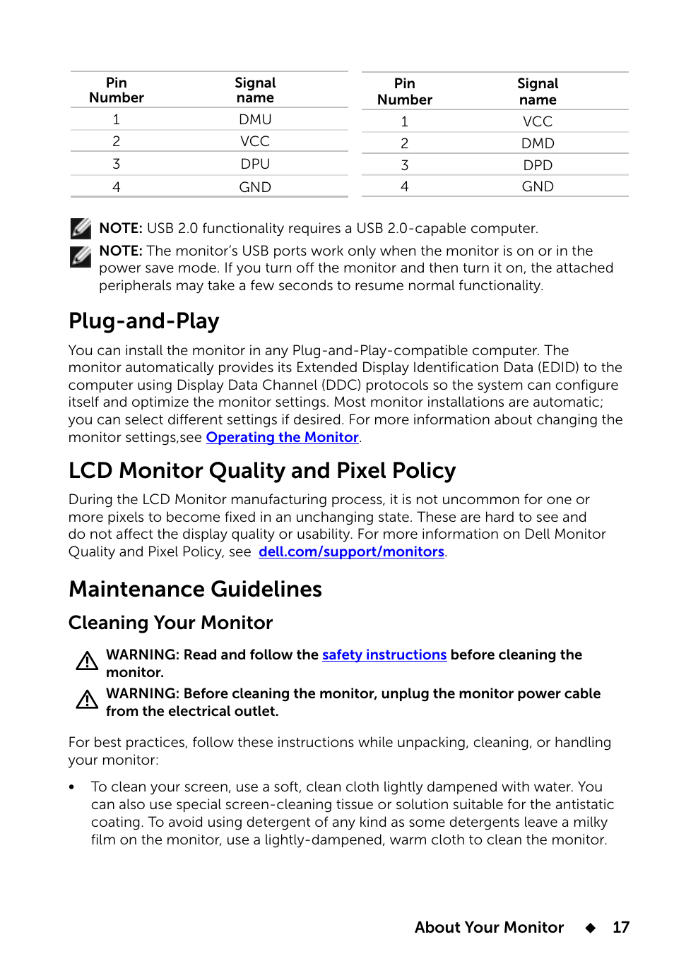 Goback, Plug-and-play, Lcd monitor quality and pixel policy | Maintenance guidelines, Cleaning your monitor | Dell E2014T 19.5 Multi-Touch Monitor with LED User Manual | Page 17 / 56