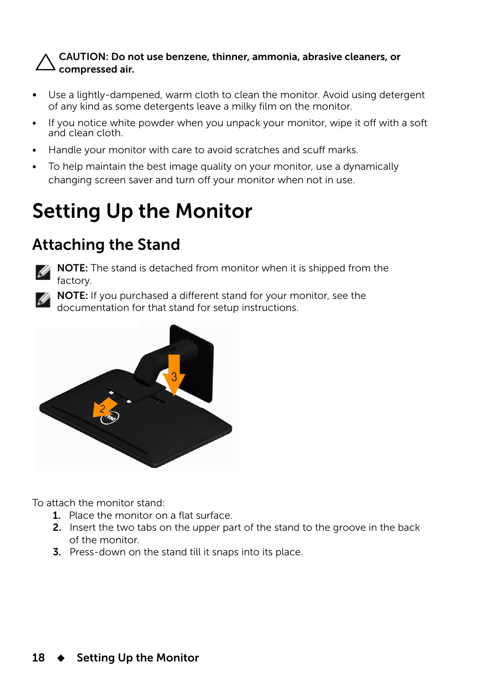 Setting up the monitor, Attaching the stand | Dell E2014T 19.5 Multi-Touch Monitor with LED User Manual | Page 18 / 56